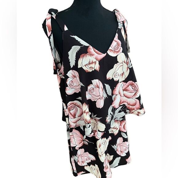 LUNA black floral tiered sleeveless romper with tie shoulders size L - Picture 6 of 8